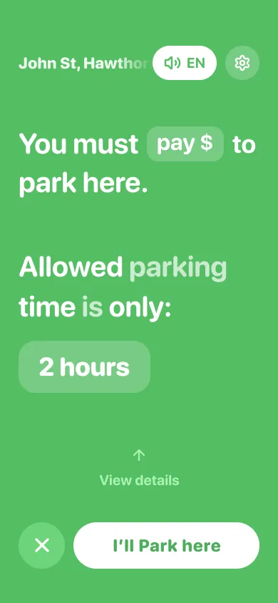 Screenshot of the Parko app showing parking allowed at this location.